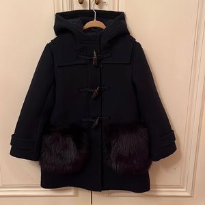 J. Crew Black Girls' Hooded Pea Coat with Faux Fur Pockets